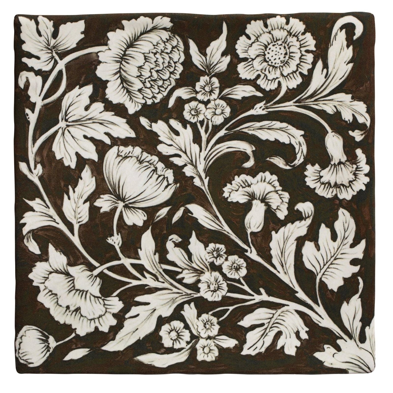 A square ceramic tile studio assisi brown with dark brown background and intricate white floral patterns