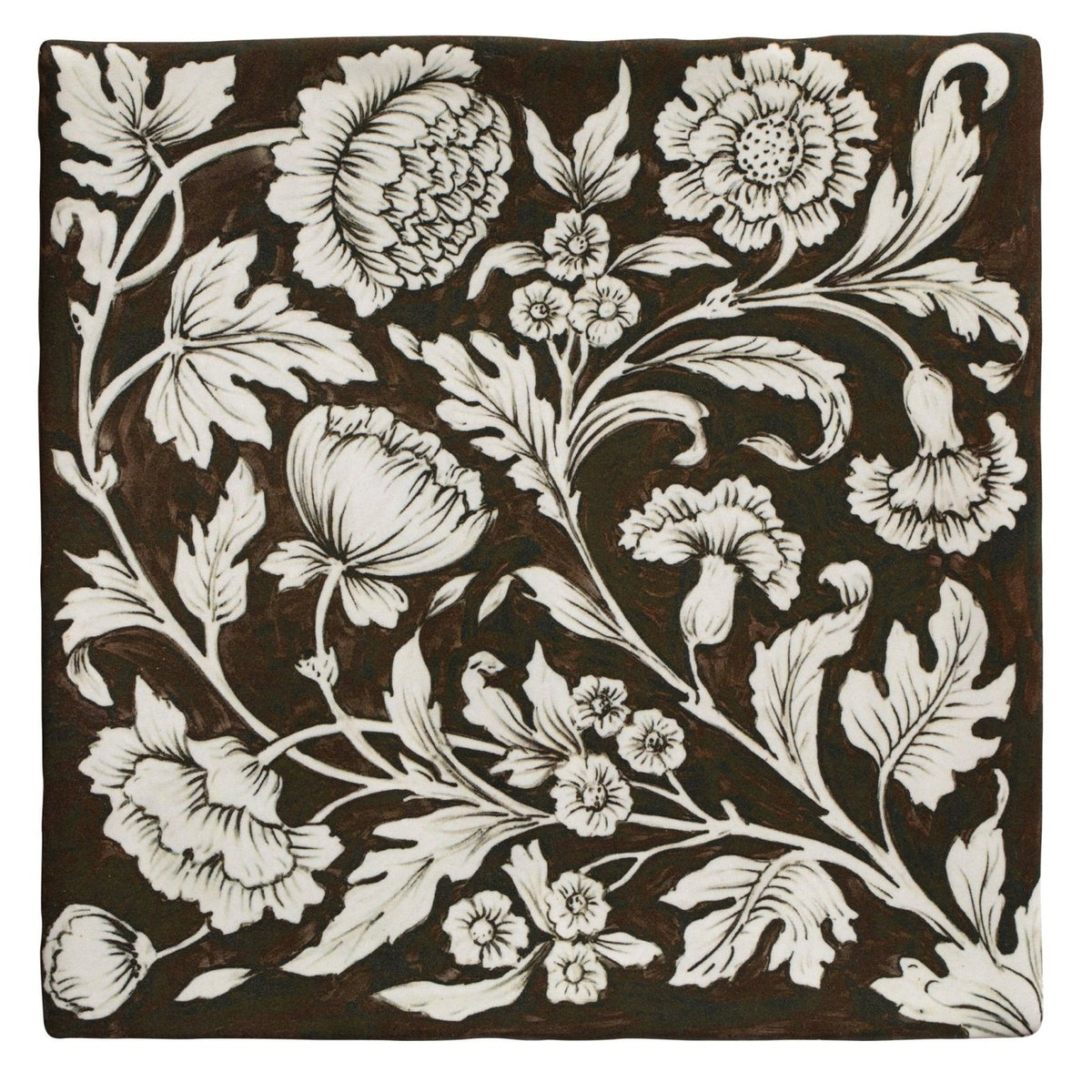 A square ceramic tile studio assisi brown with dark brown background and intricate white floral patterns