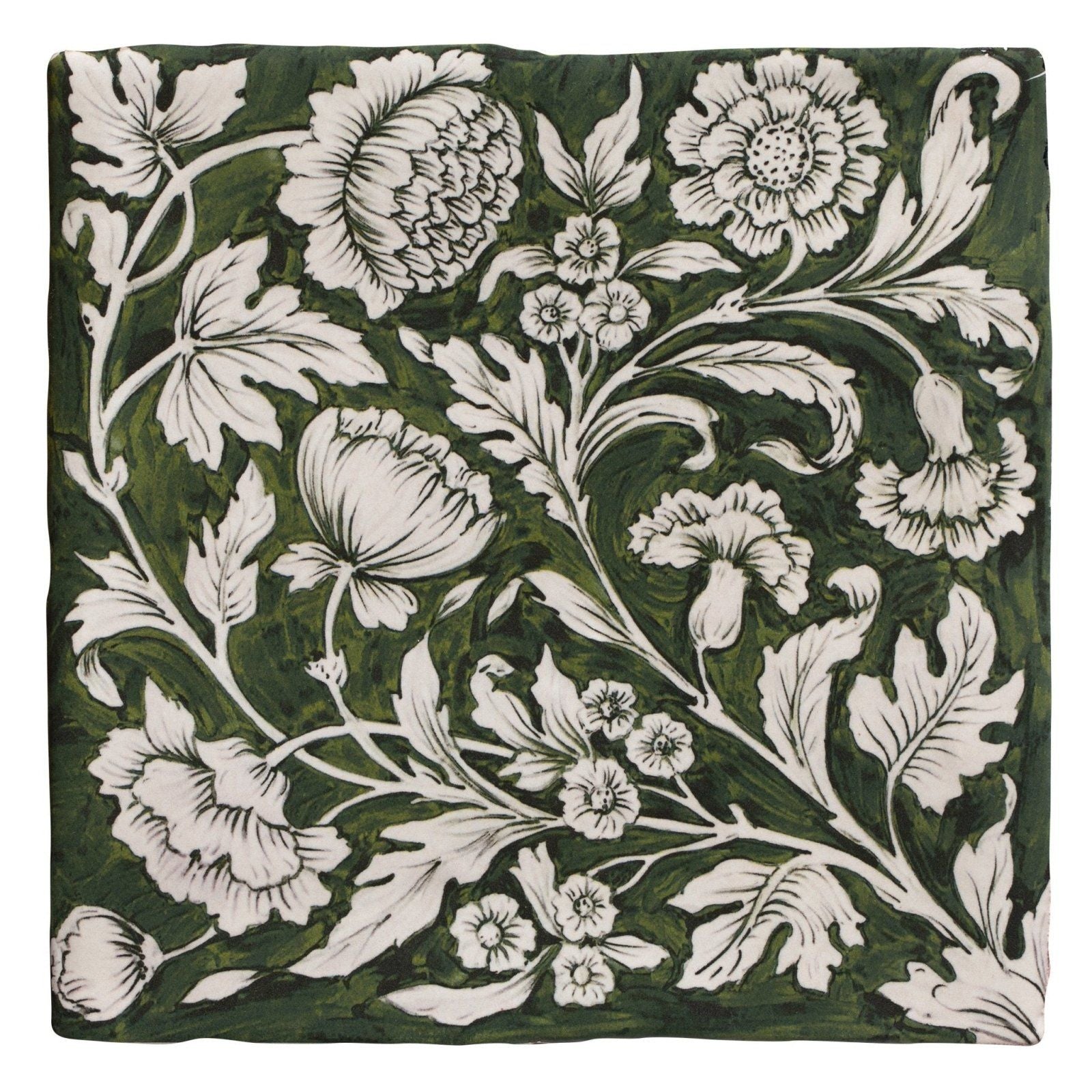 Studio Assisi Green ceramic tile with dark green color and intricate white floral art nouveau patterns