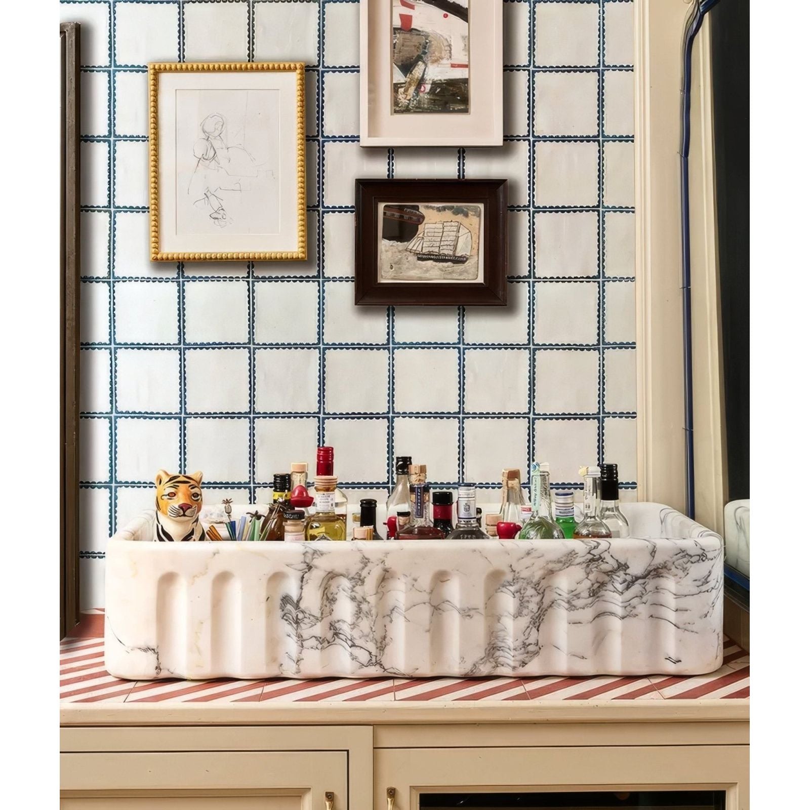 Studio bobbin ceramic blue white marble sink with gray veining and ribbed edge for bathroom use