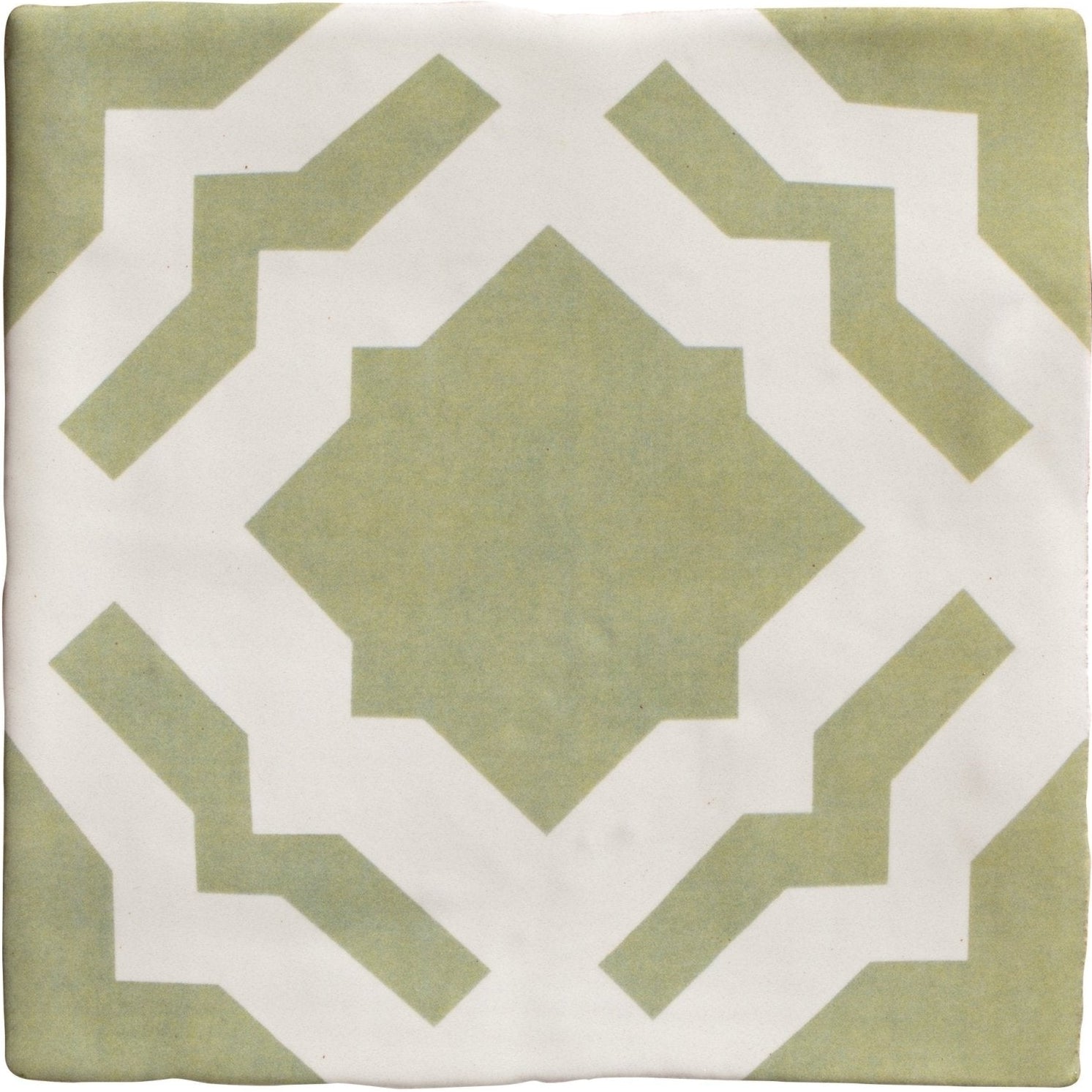 Studio cassius light green ceramic square tile with geometric sage green and white pattern for wall or floor use