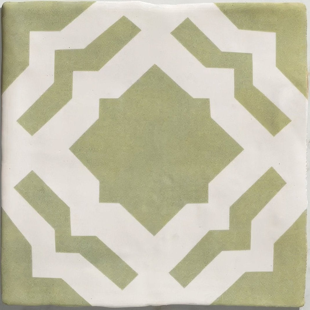 Studio cassius light green ceramic square tile with sage green and white geometric pattern for wall or floor use
