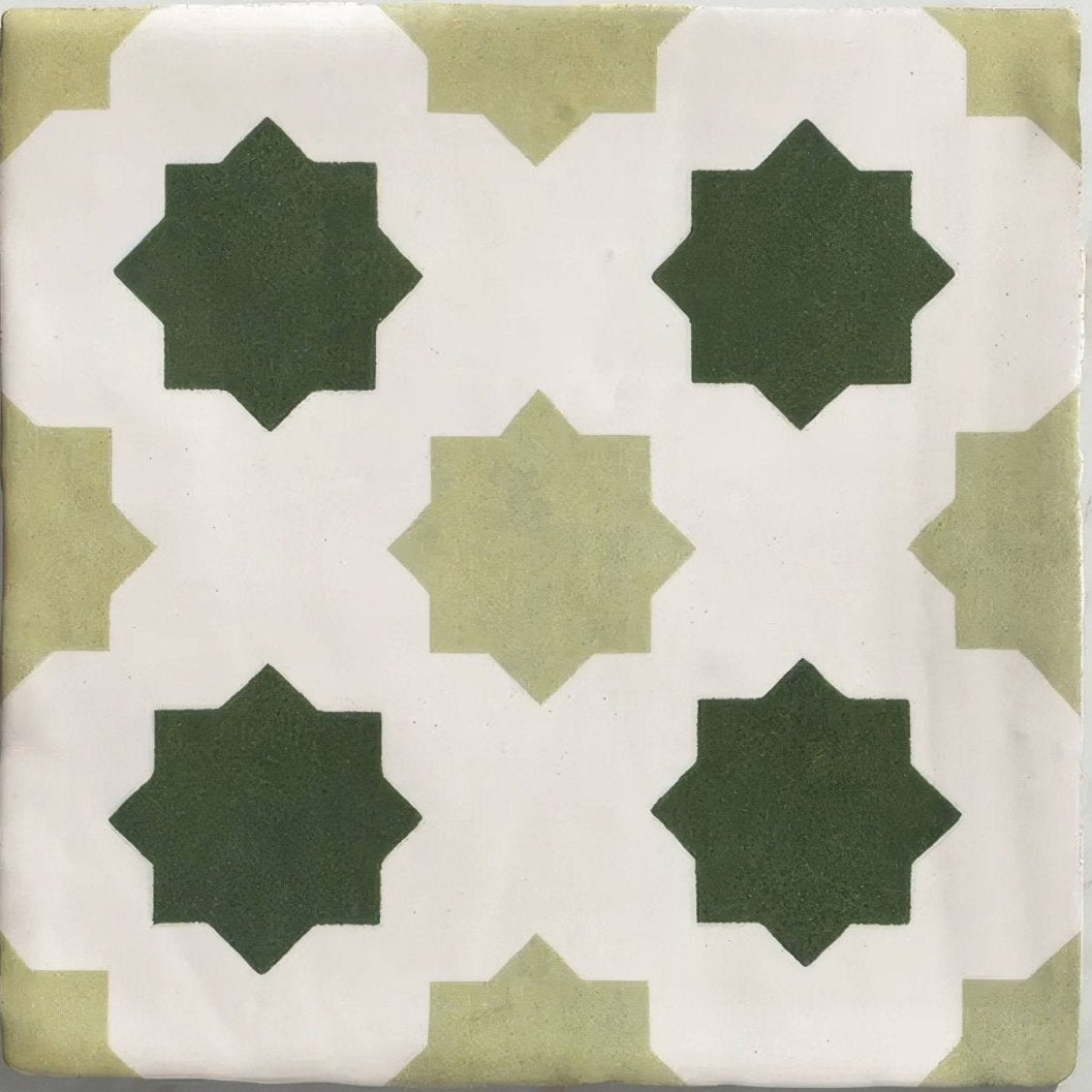 Studio cosmos jardin ceramic square tile with white base olive green accents and dark forest green star motifs