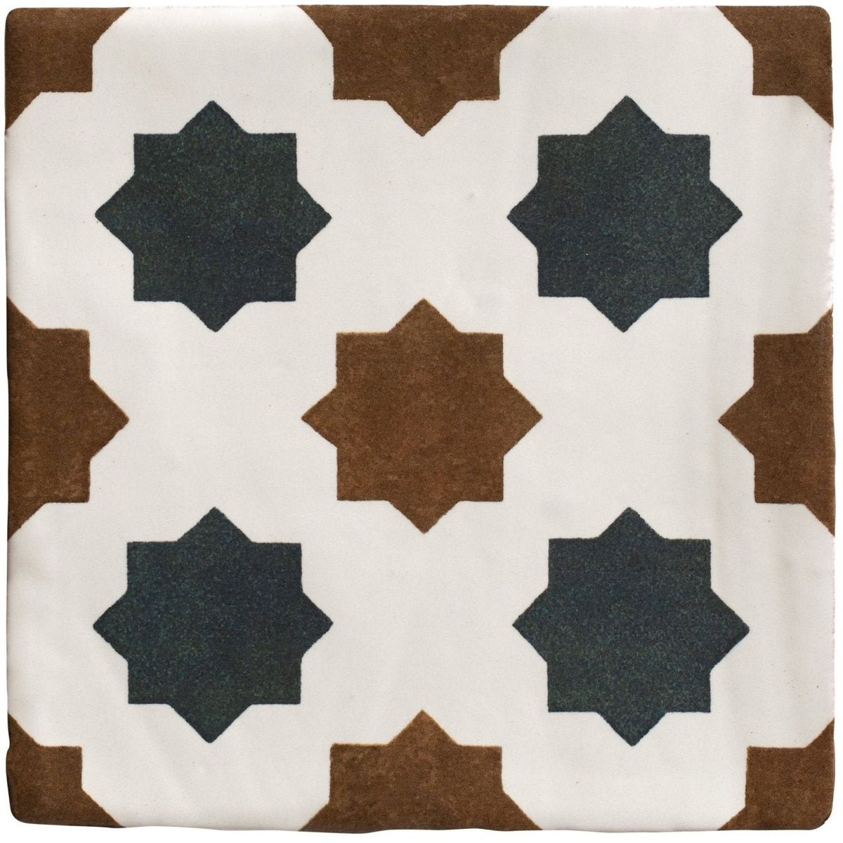 Studio cosmos midnight ceramic square tile with dark gray and brown star pattern on white ceramic background