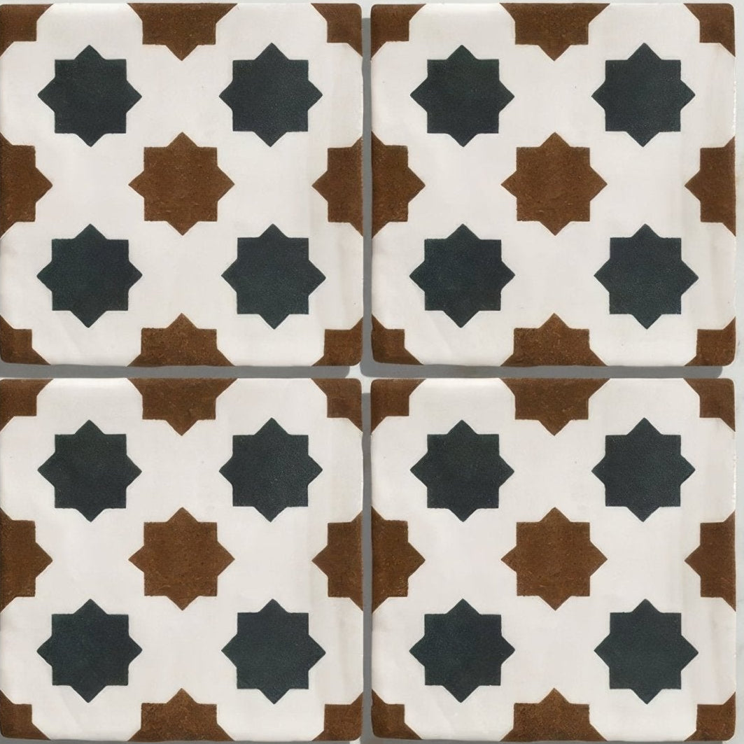 Studio cosmos midnight ceramic tiles with white and brown geometric patterns and black star-shaped accents