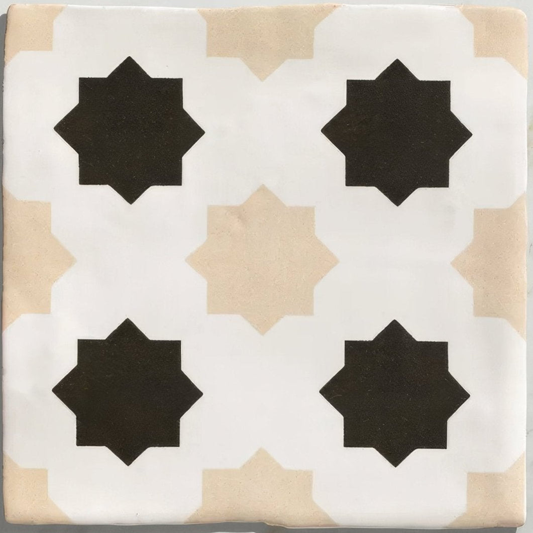 Studio cosmos sand ceramic white tile with black and beige geometric star pattern made of ceramic material