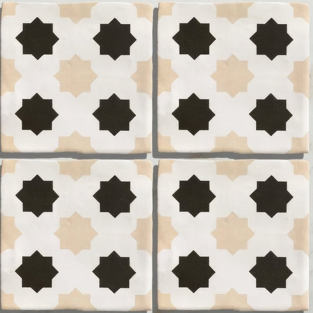 Studio cosmos sand ceramic square ceramic tiles with white beige and black geometric pattern