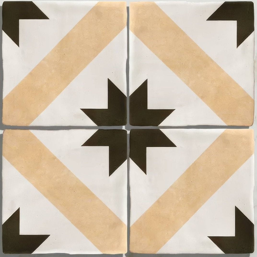 Studio étoile brown star ceramic four-square tile set with white base beige stripes and dark brown starburst pattern