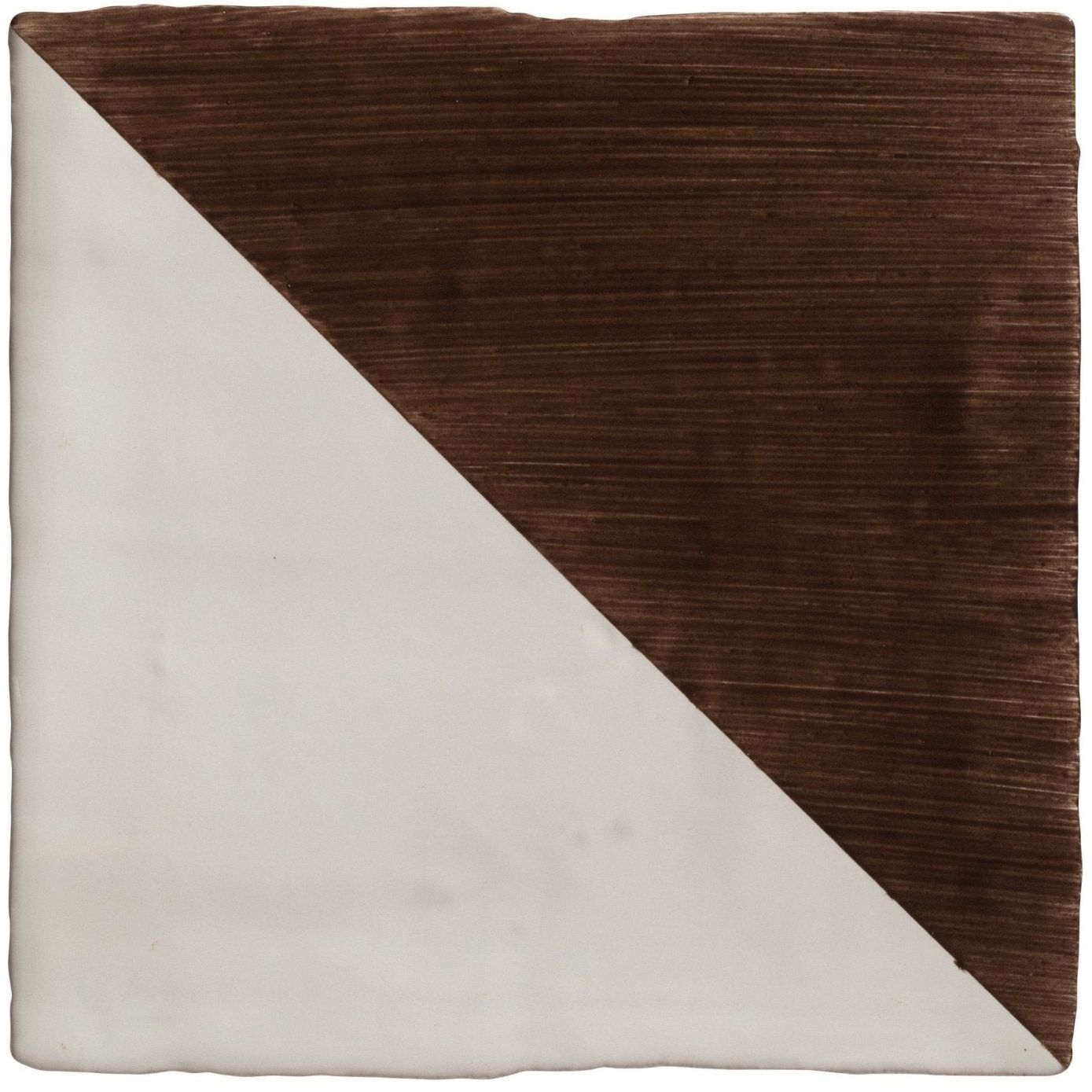 Square ceramic tile studio jamboree handpainted chocolate tri with diagonal matte white and textured dark brown finish