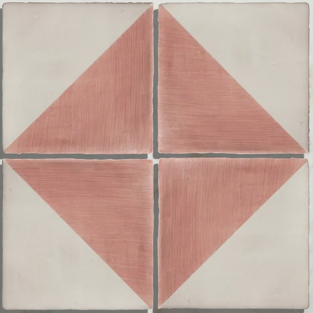 Studio jamboree handpainted ceramic coral tri square tile with four pink triangles in a diamond pattern on white background