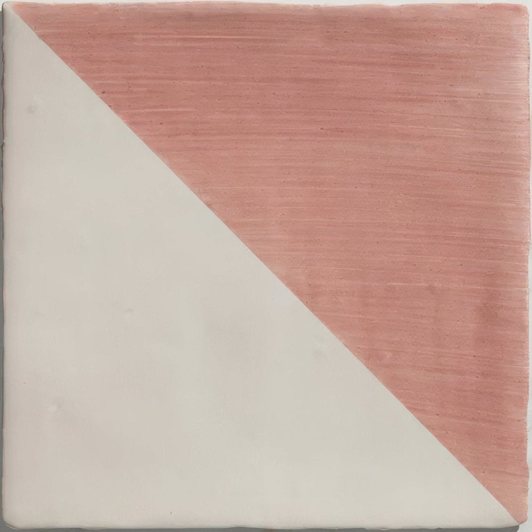 Studio Jamboree handpainted ceramic coral tri tile with diagonal split in matte white and soft pink textured finish