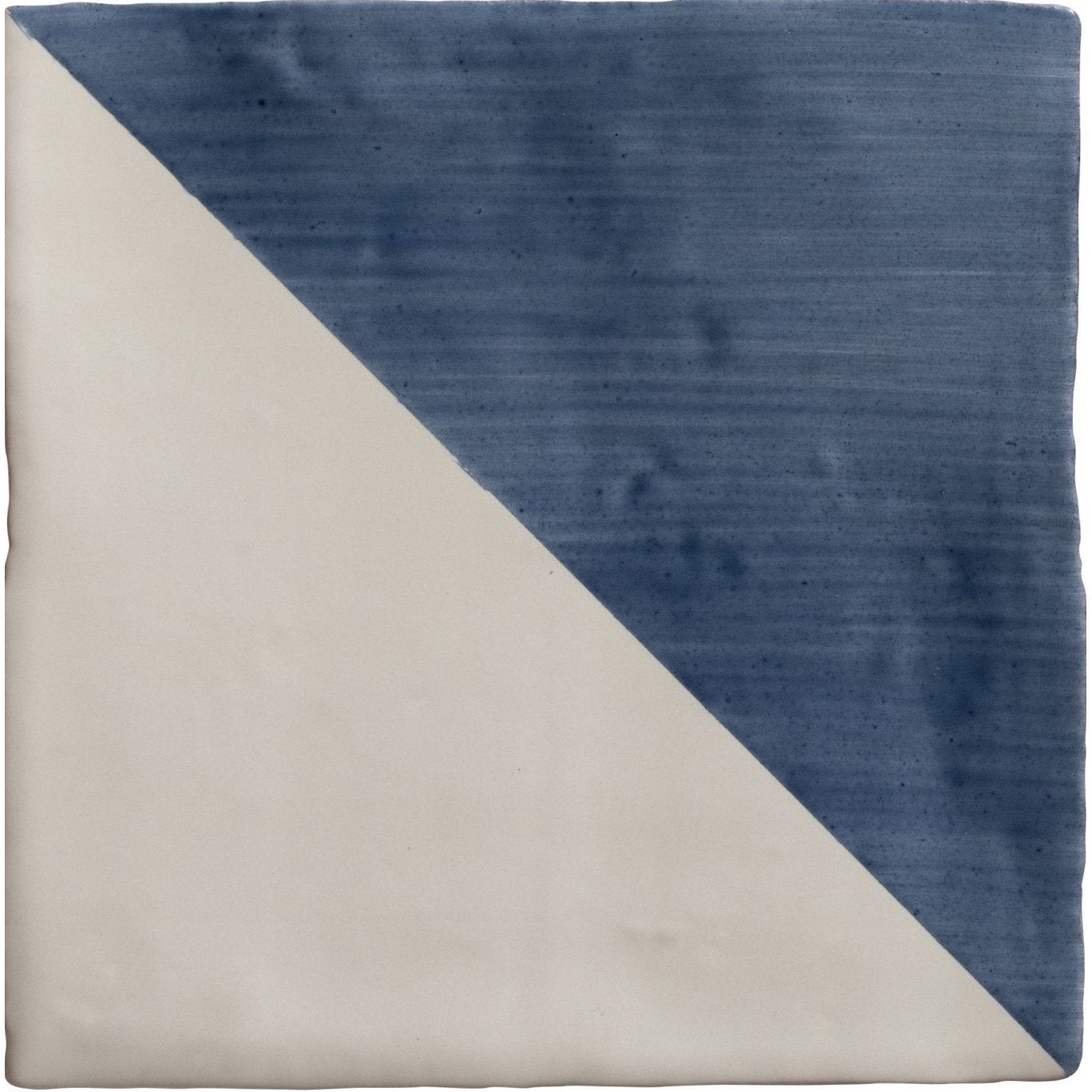 Studio jamboree handpainted ceramic denim tri square tile with diagonal split textured navy blue and smooth off-white glaze
