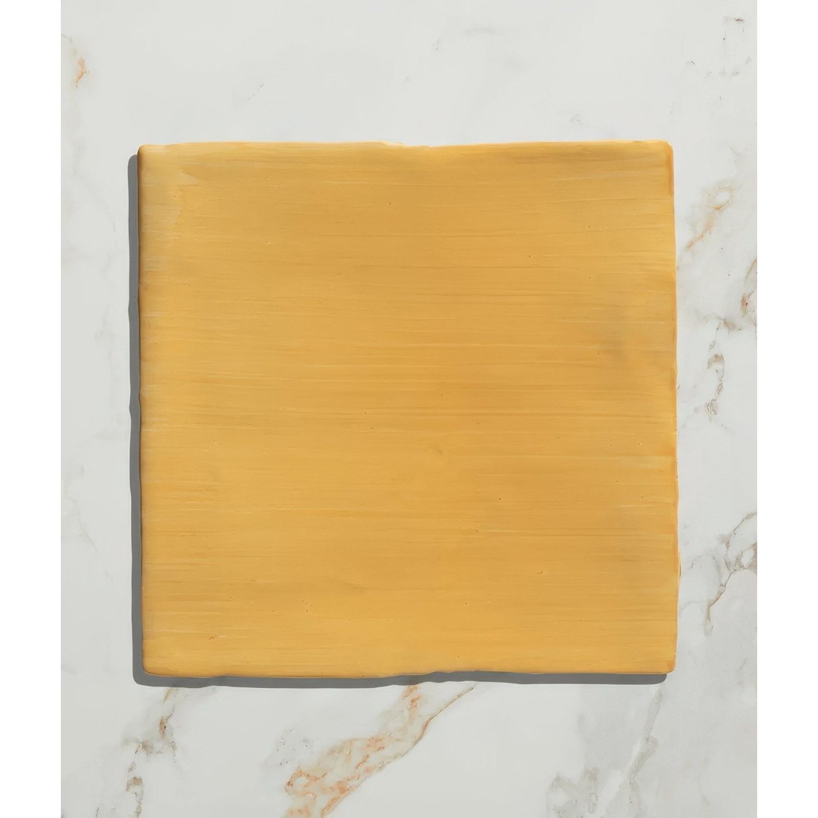 A square slice of orange cheddar cheese with a smooth textured surface on a studio jamboree handpainted ceramic summer field plate