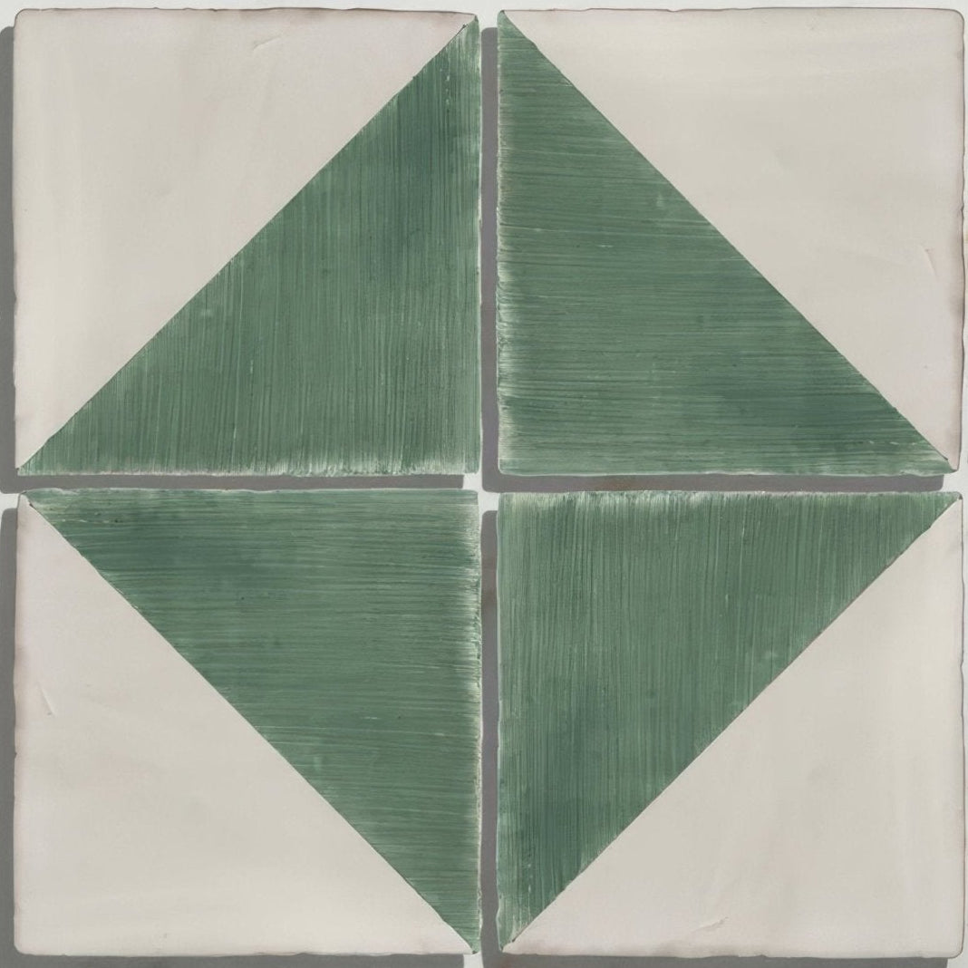Square handpainted ceramic tile studio jamboree thyme tri with geometric white and muted green triangles and brushstroke texture