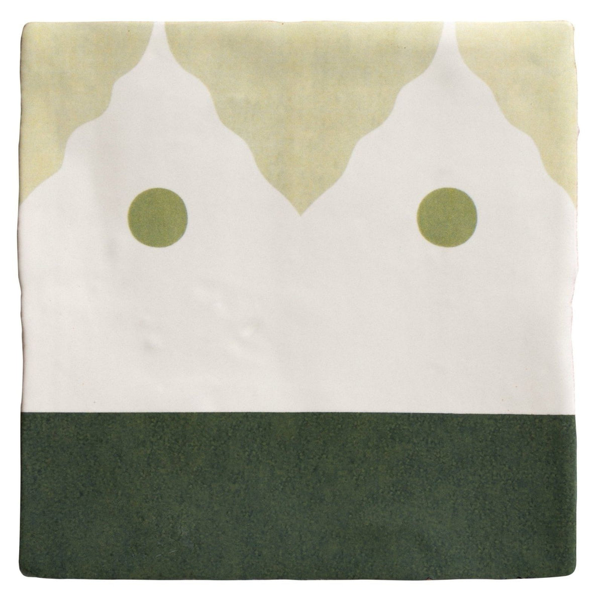 Studio minaret green dot ceramic square tile with white center olive green dots and pale yellow green patterned top