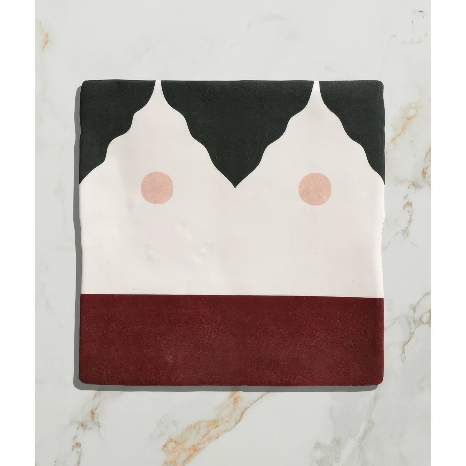 Studio minaret pink dot ceramic square tile with stylized face design black hair pink circles white and burgundy colors