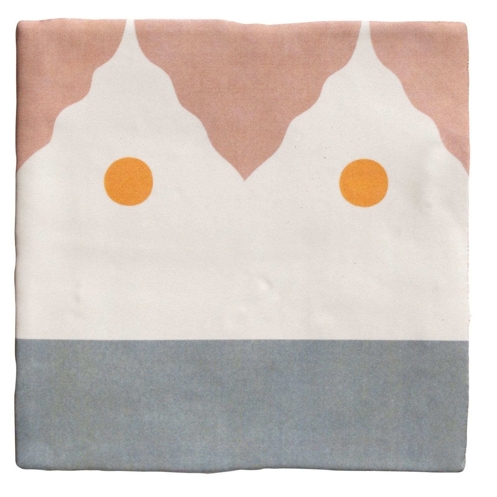 A soft textile blanket with modern geometric pattern in muted pink white gray and bright orange circles from studio minaret yellow dot ceramic