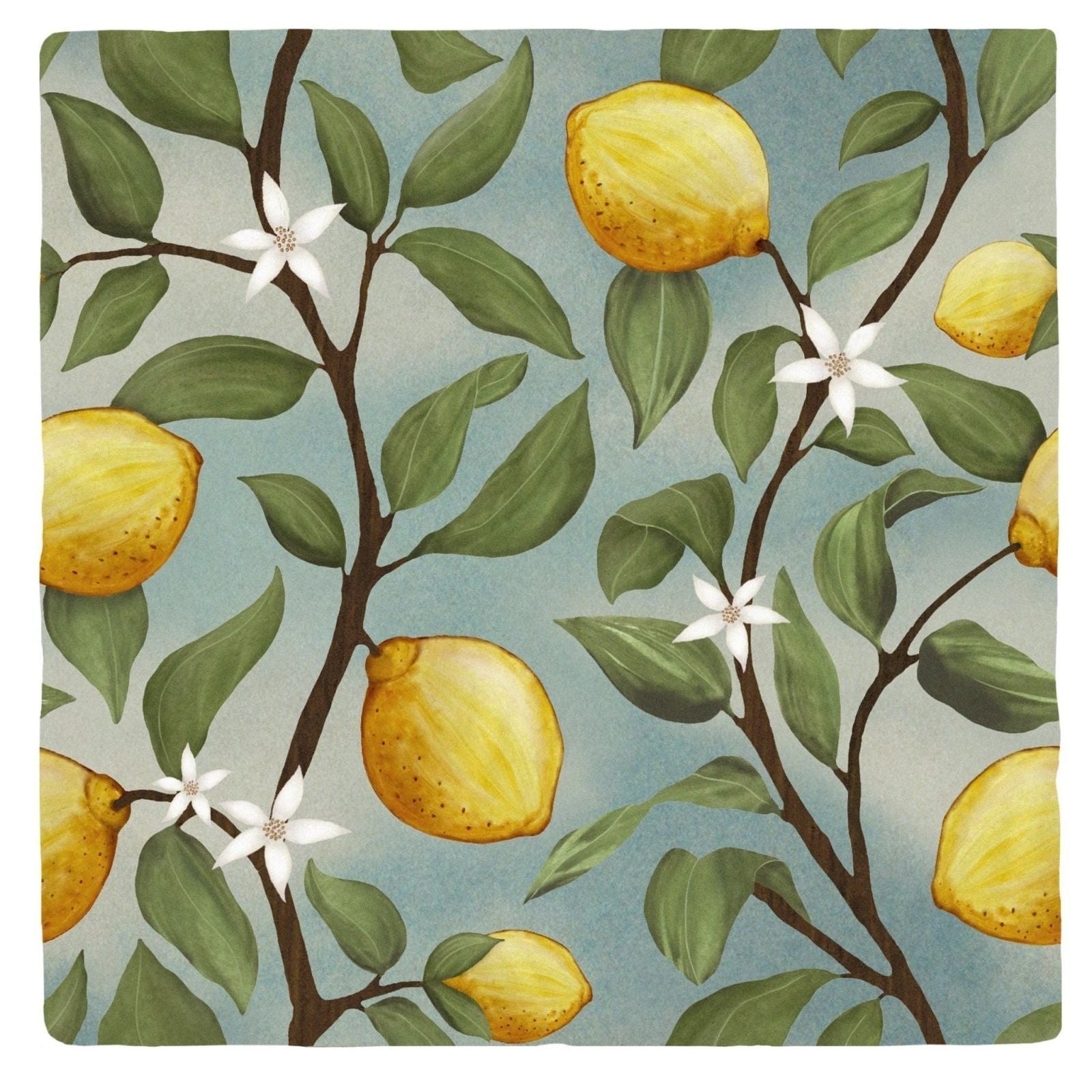 Studio nonnas kitchen sorrento azzuro ceramic square coaster with yellow lemons green leaves on soft blue background