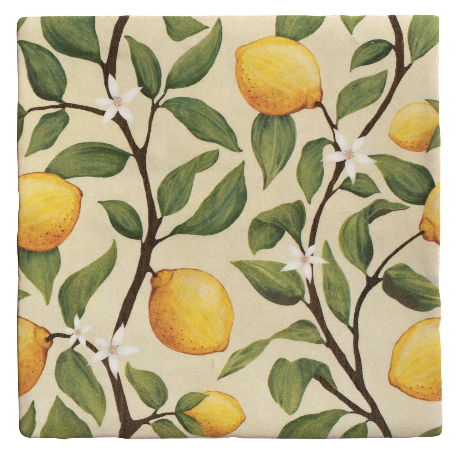 Studio nonnas kitchen sorrento sabbia ceramic square coaster with yellow lemons green leaves and white flowers design