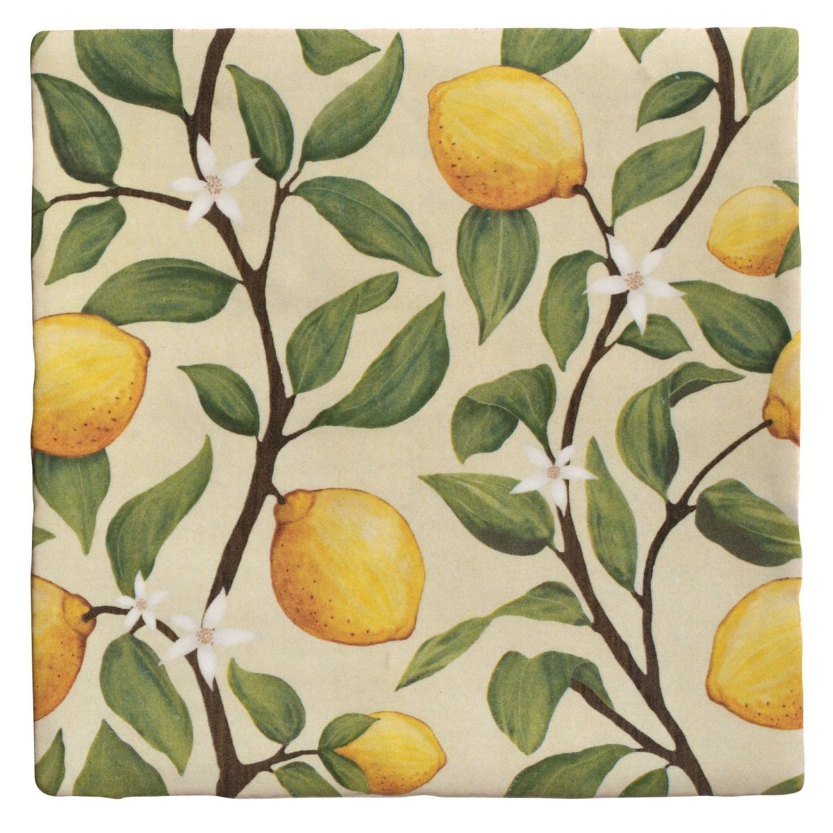 Studio nonnas kitchen sorrento sabbia ceramic square coaster with yellow lemons green leaves and white flowers design