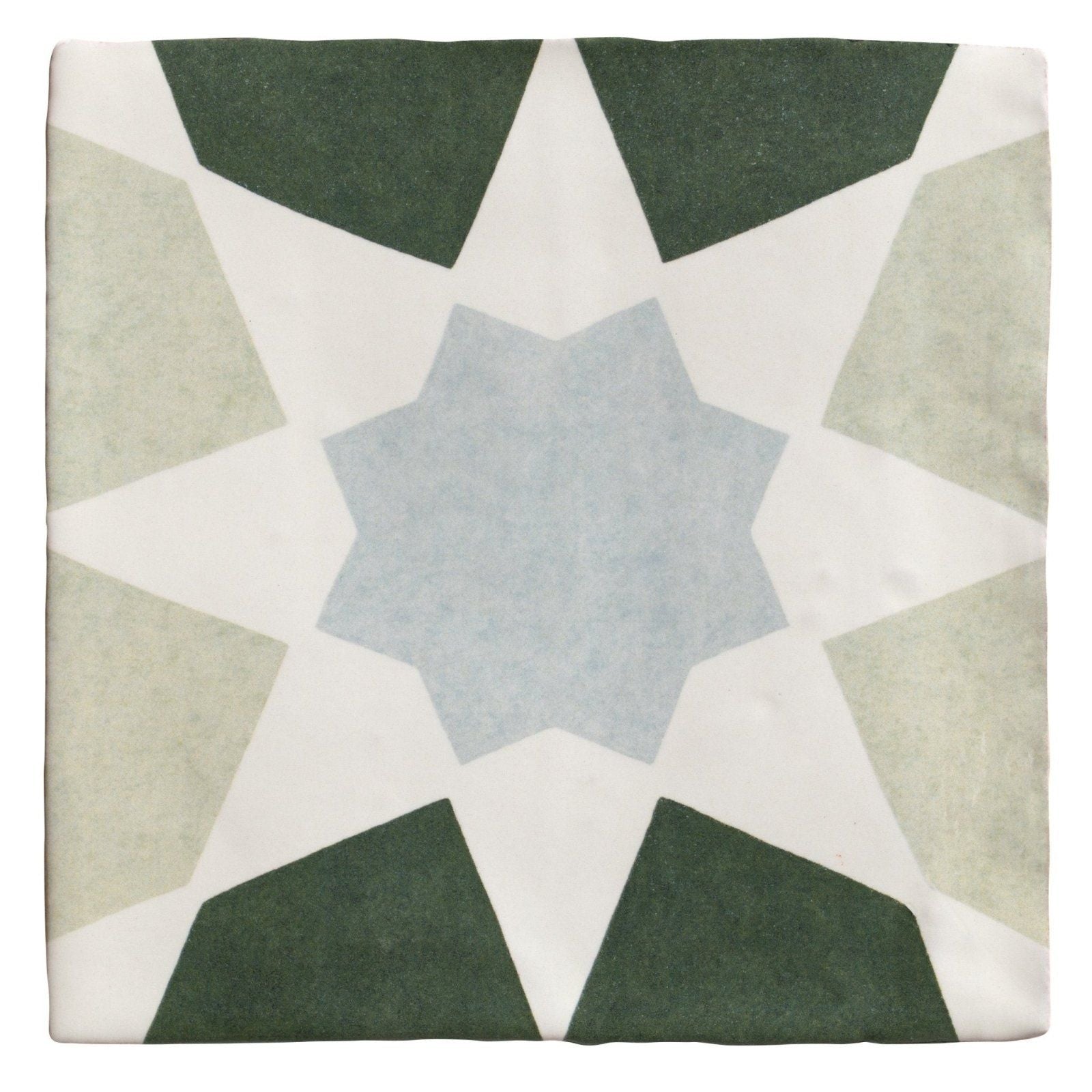 Square ceramic tile with geometric star pattern in dark green light gray and off-white from studio souk blue star ceramic
