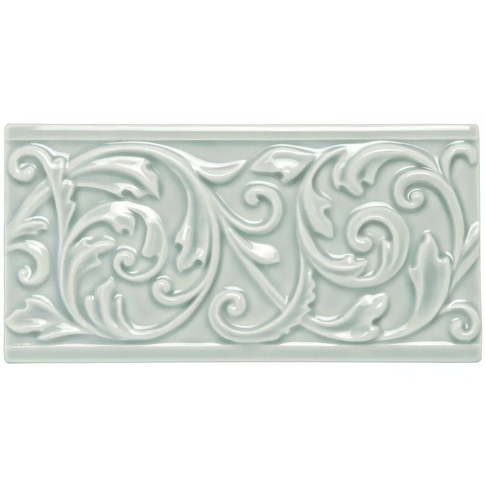 Sudbury buckingham rectangular light green ceramic tile with intricate raised floral and scrollwork design