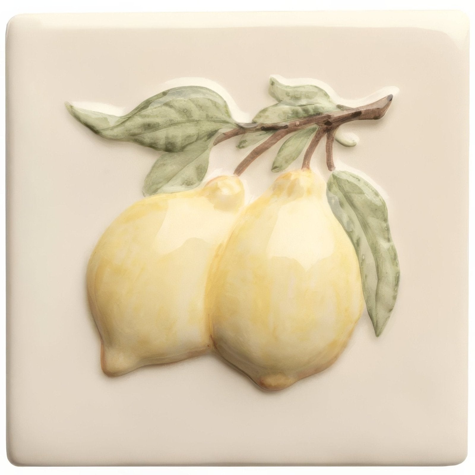 Cream-colored ceramic summer fruits lemon handpainted tile with raised glossy yellow lemons green leaves and brown stem
