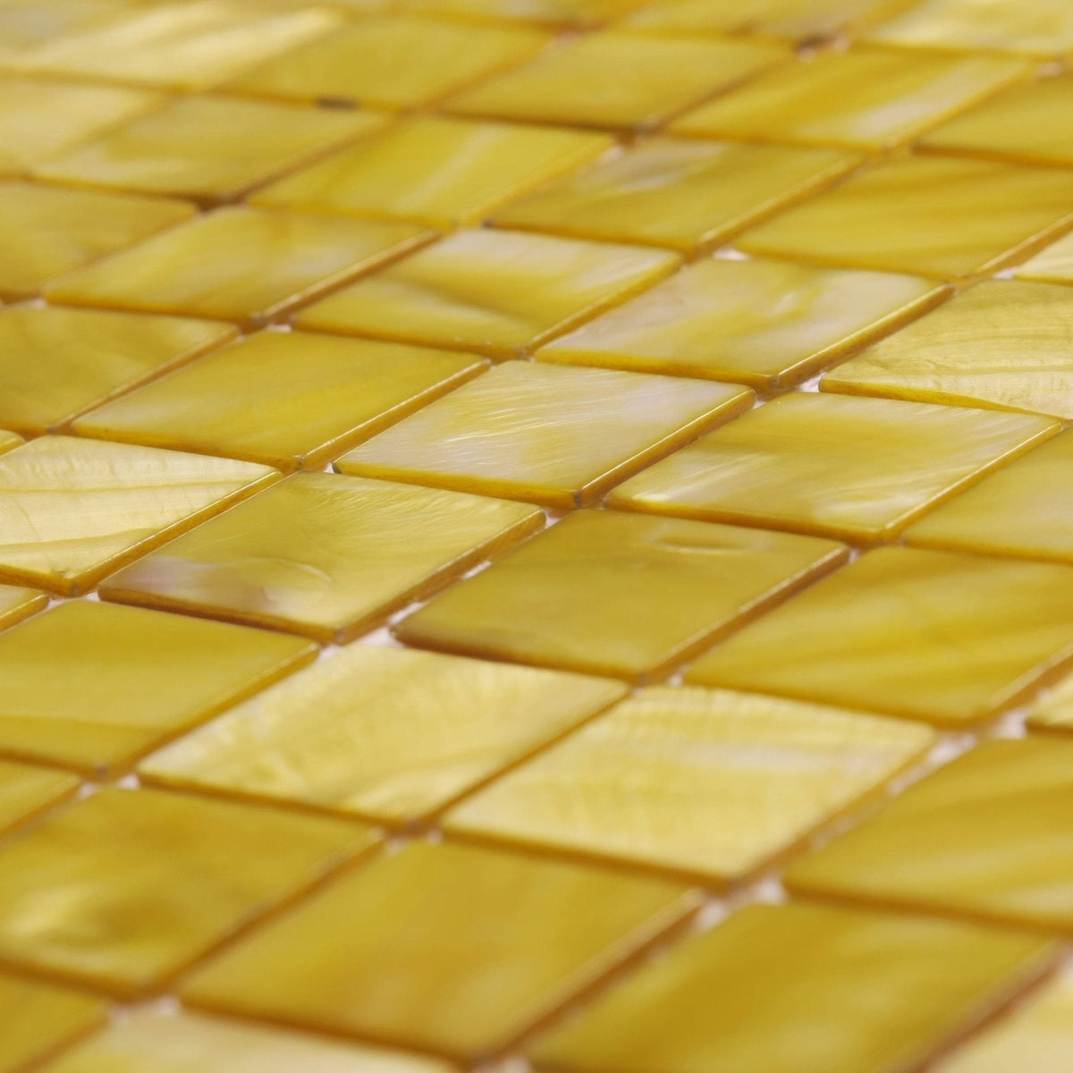Golden iridescent mother-of-pearl summers day 25mm square mosaic tiles arranged in a diagonal pattern