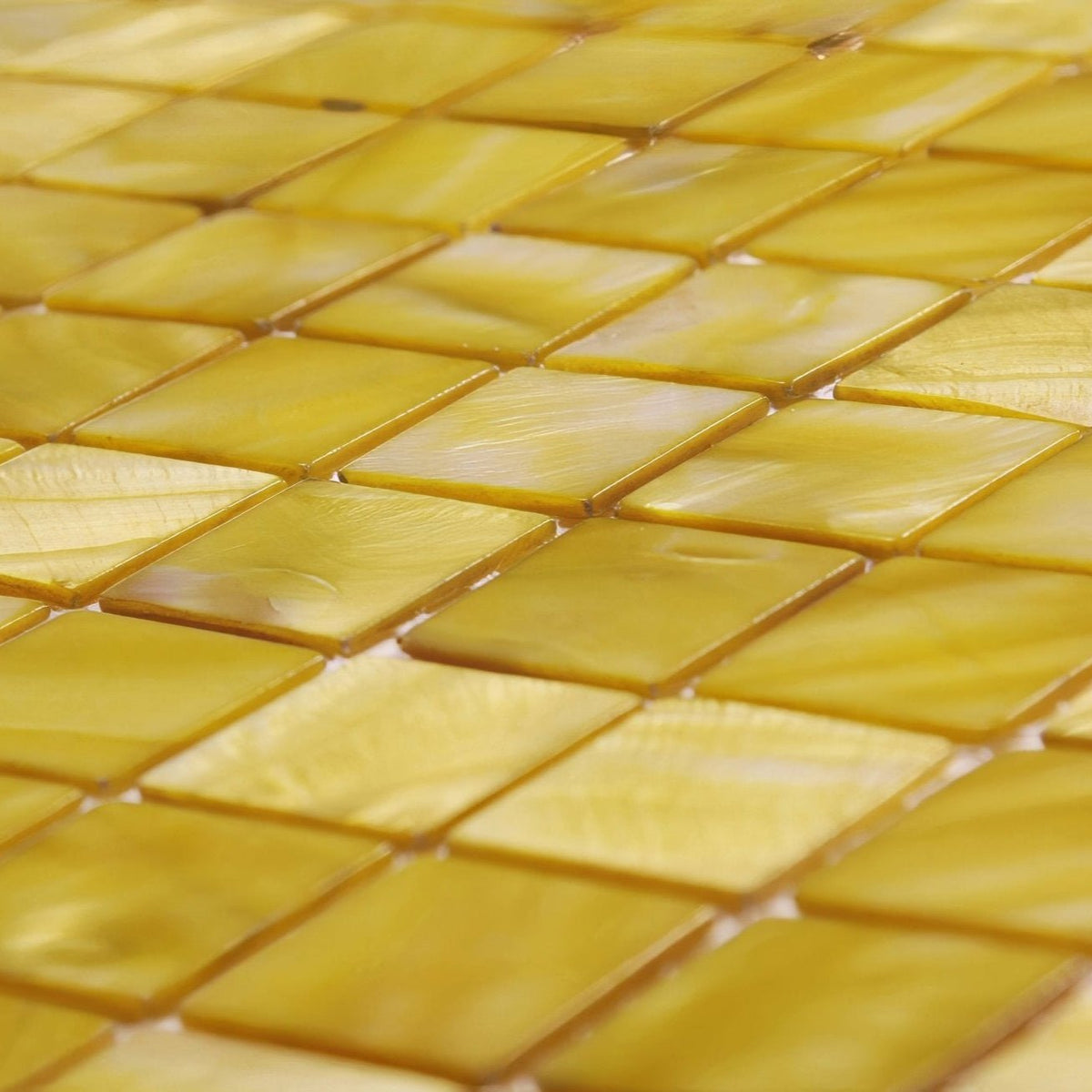 Golden-yellow iridescent Summers Day 25mm square mosaic tiles with glossy shell-like finish for decorative use