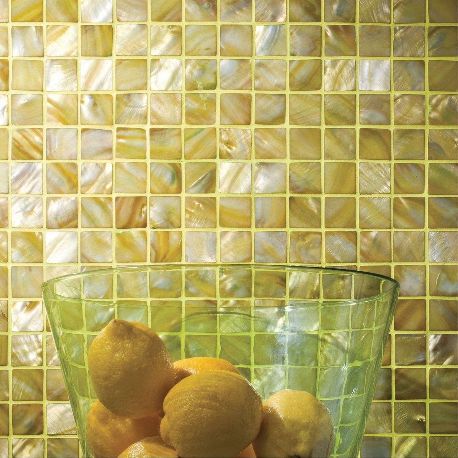 Summers Day 25mm Square golden iridescent mother-of-pearl mosaic with a green glass bowl of lemons