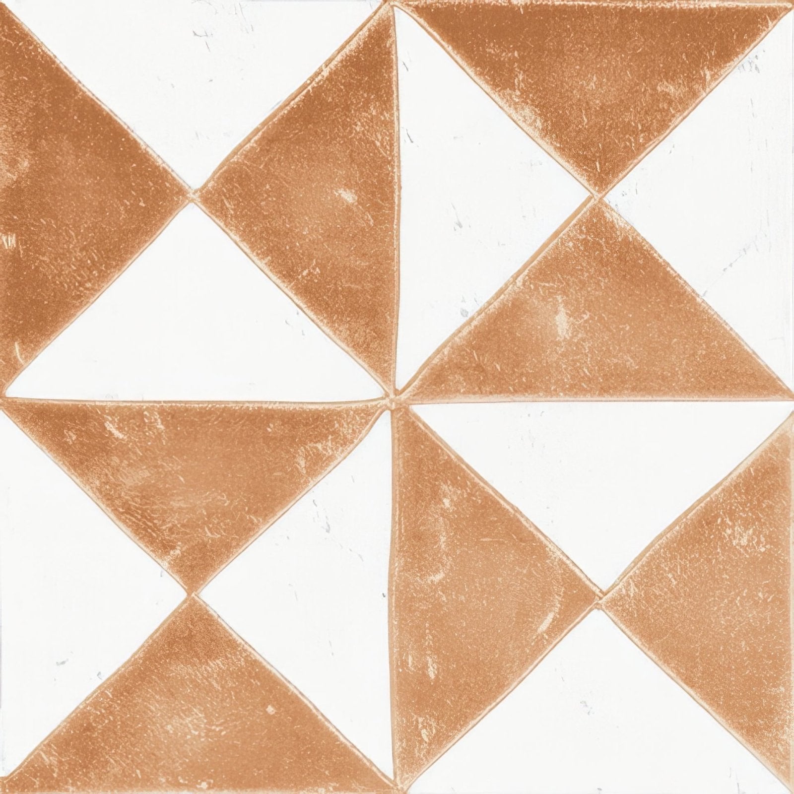 Copper and white geometric tile with distressed vintage finish in sunset orange for decorative wall use