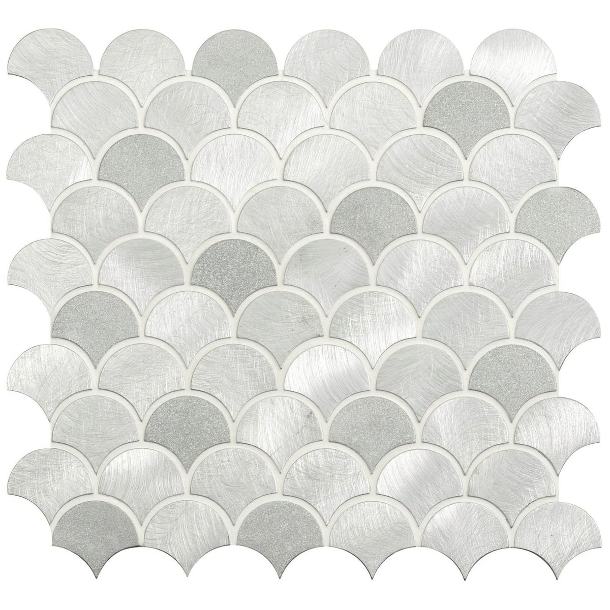Surtur silver brushed scale aluminium mosaic tile with silver metallic fish-scale pattern and subtle tone variations