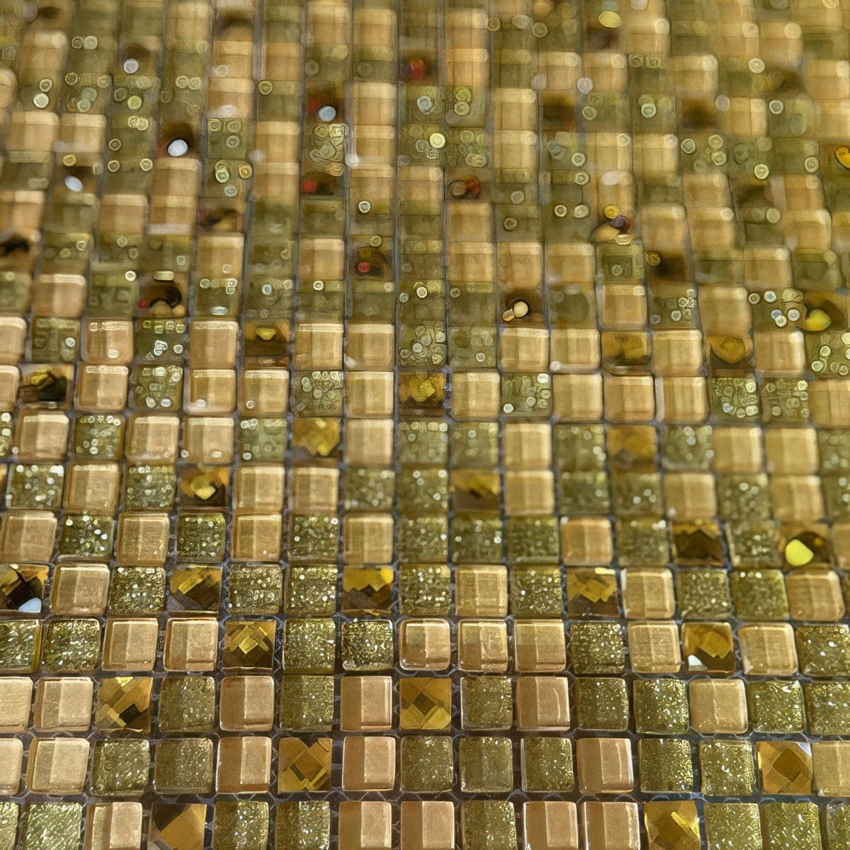 Svarna sparkling mosaic golden tile panel with shimmering glittery finish in yellow and bronze shades