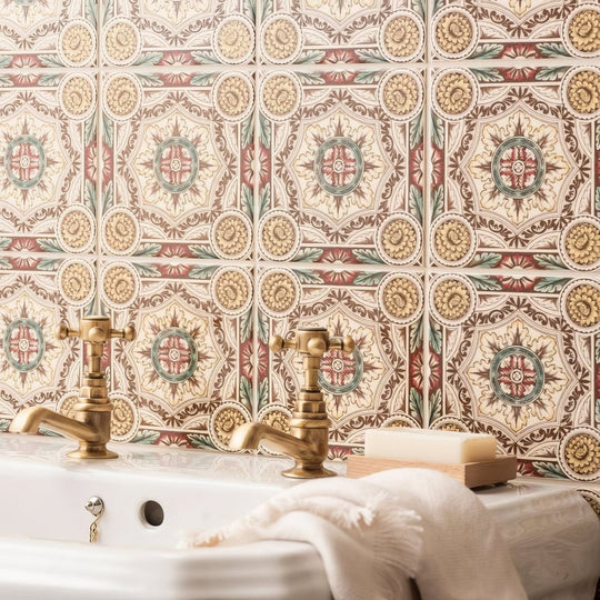 Symmetrical Floral Pattern Single Tile on County White - alternate view