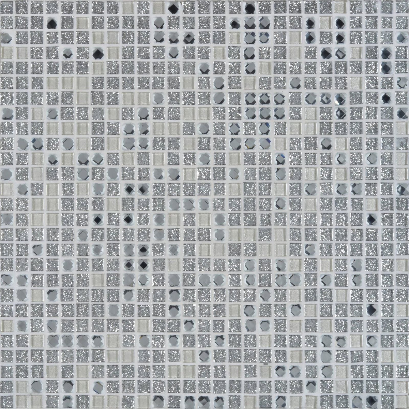 Silver glitter Taj glass mosaic tile featuring a grid of square and octagonal pieces in varying shades