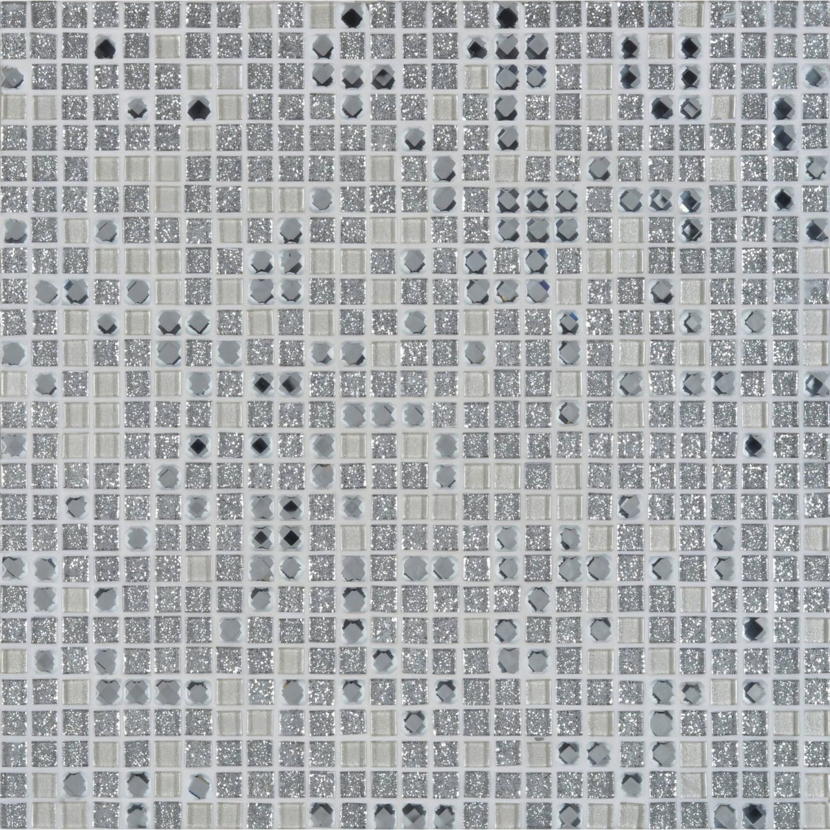 Silver glitter Taj glass mosaic tile featuring a grid of square and octagonal pieces in varying shades