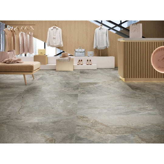 Gray marble effect floor tiles with subtle veining and polished finish in tamesis 1850 dark matt style