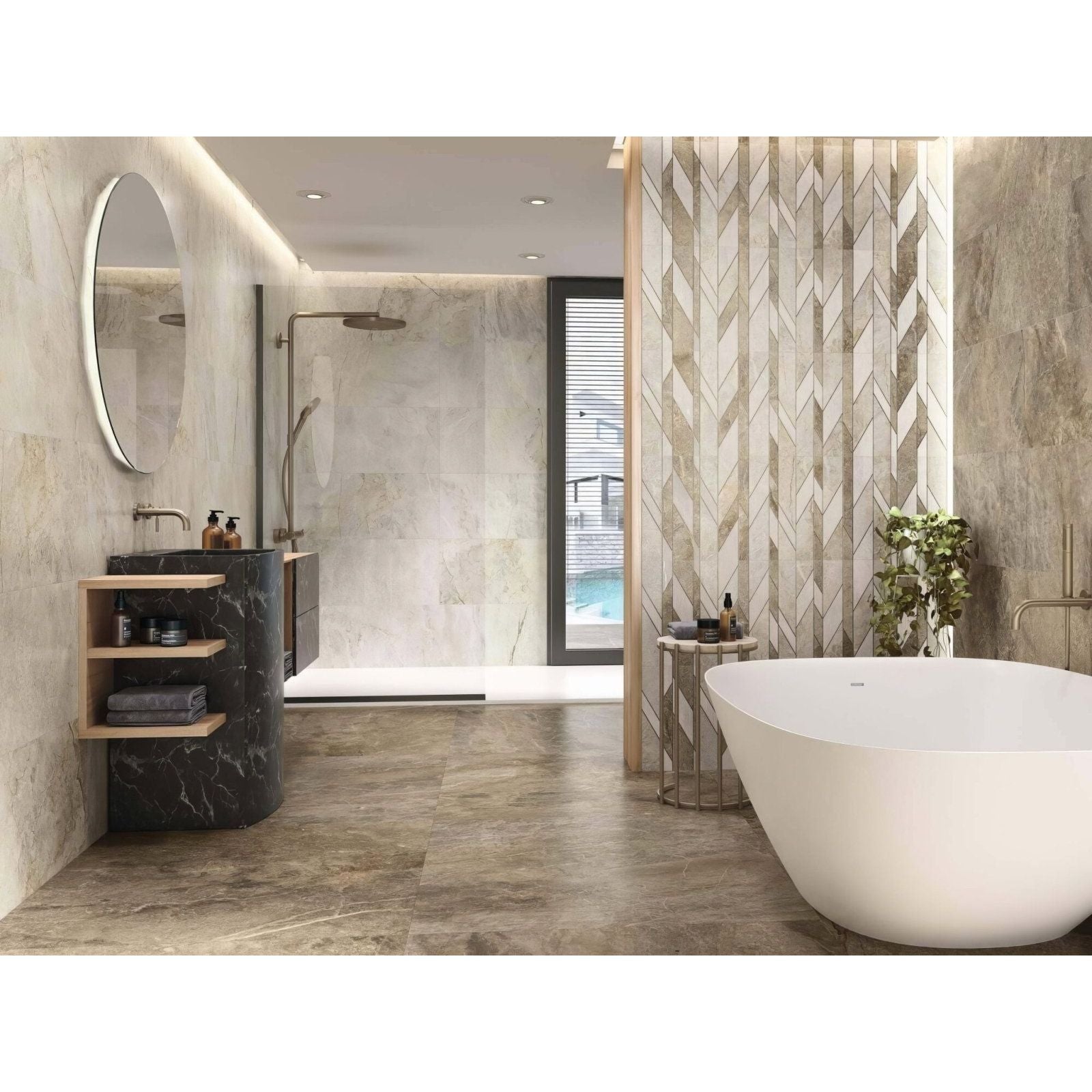Támesis 1850 Land Matt beige marble-effect tiles with a freestanding bathtub