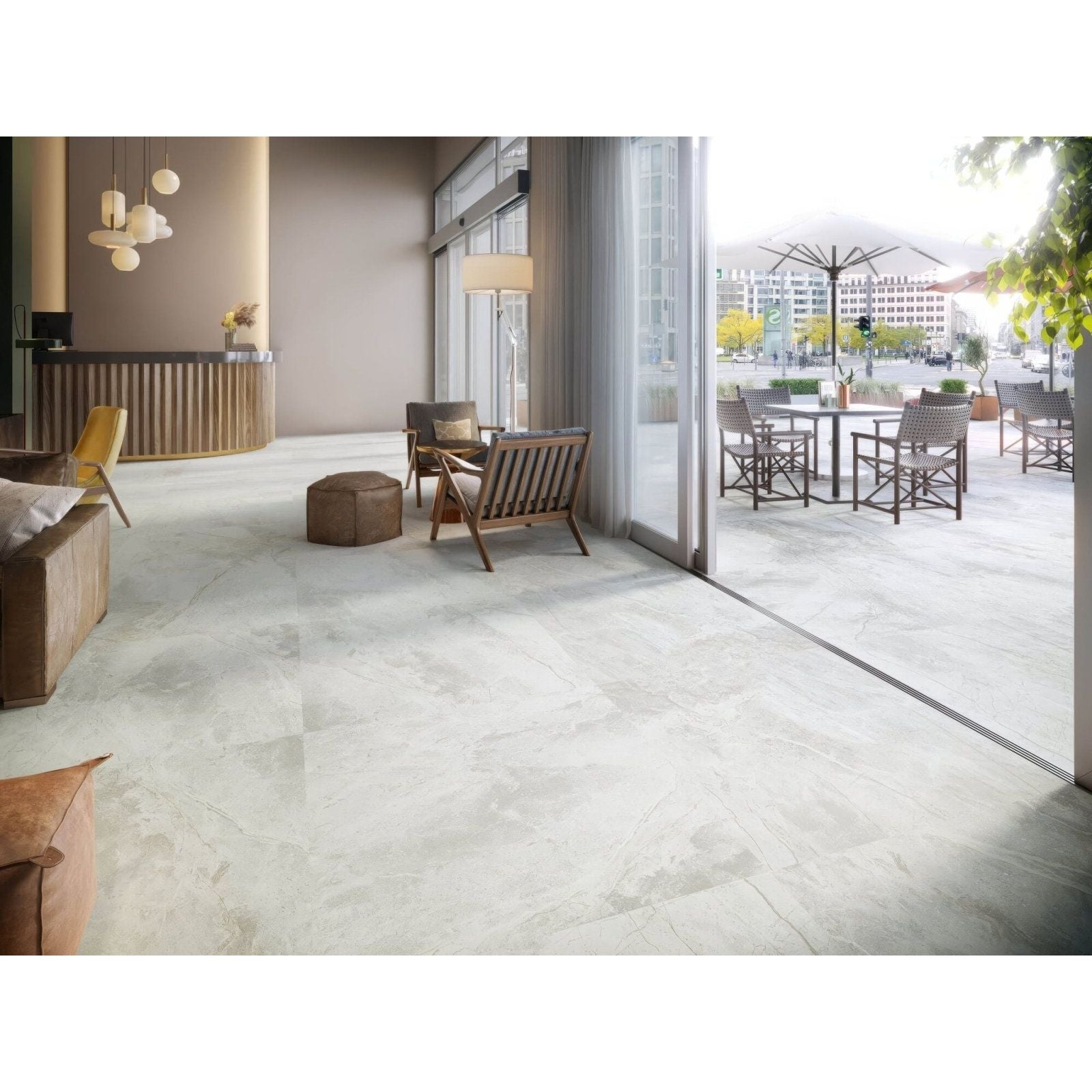 Light gray marble effect floor tiles with subtle veining and smooth polished finish támesis 1850 white matt