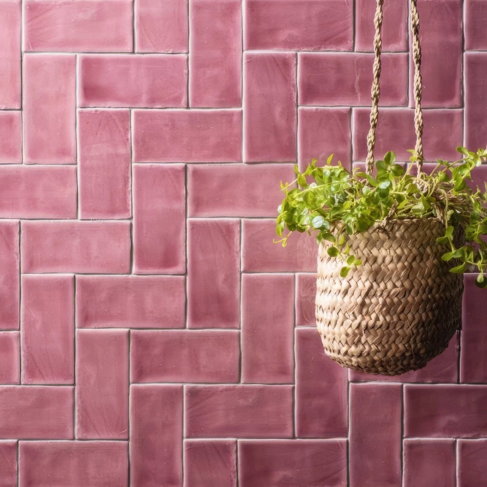 A woven wicker hanging planter in natural beige suspended by braided rope against pink tayberry half tile backdrop