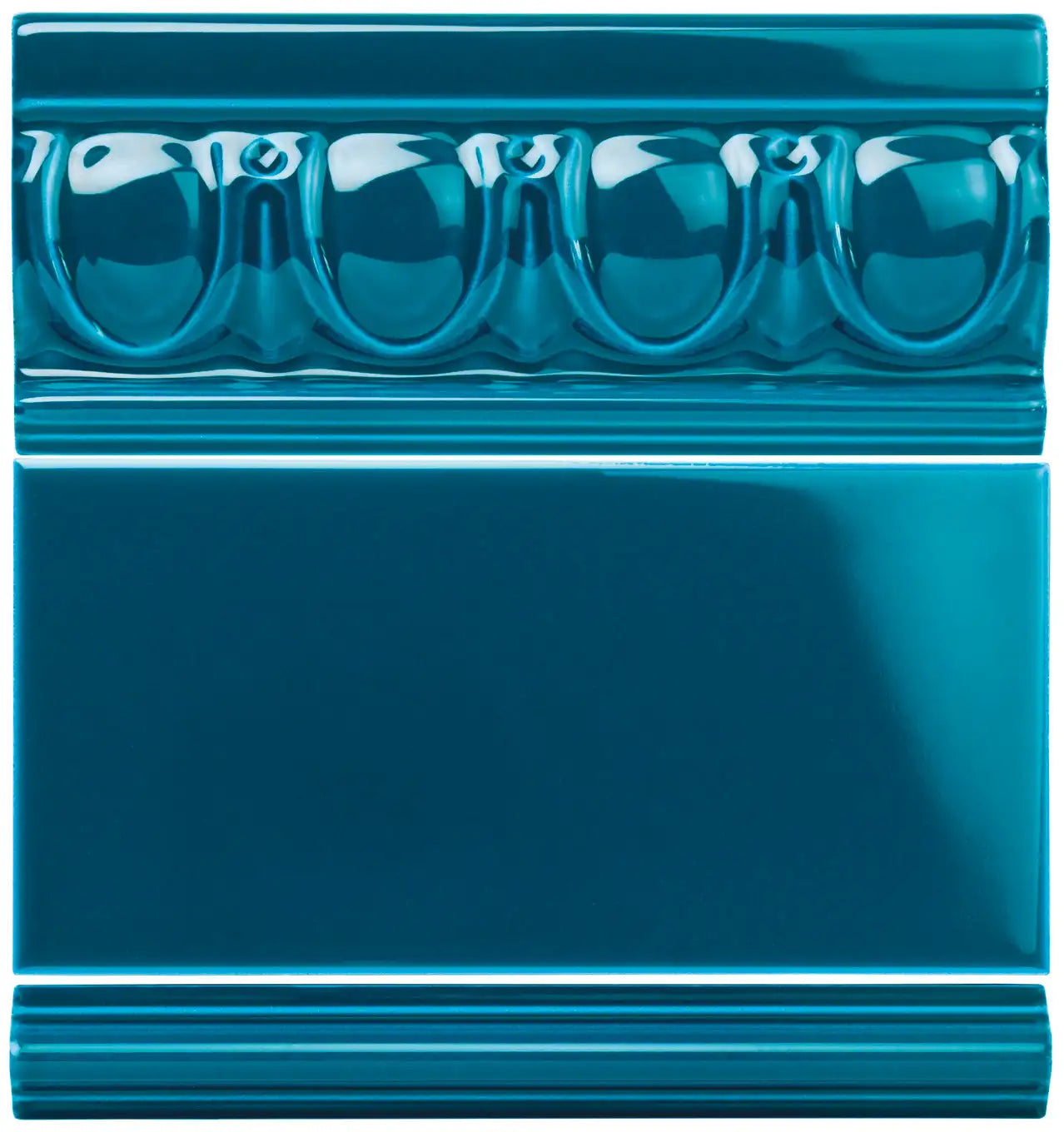 Teal glossy ceramic tile with a decorative beaded border design.