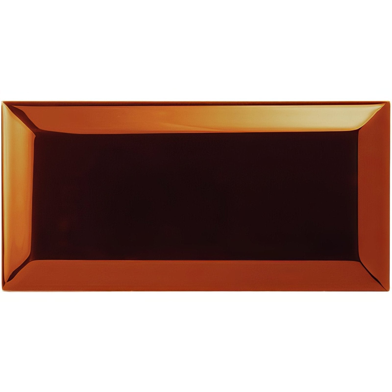 Rectangular ceramic serving platter with glossy gradient orange brown glaze and raised edges in teapot brown metro bevelled tile design