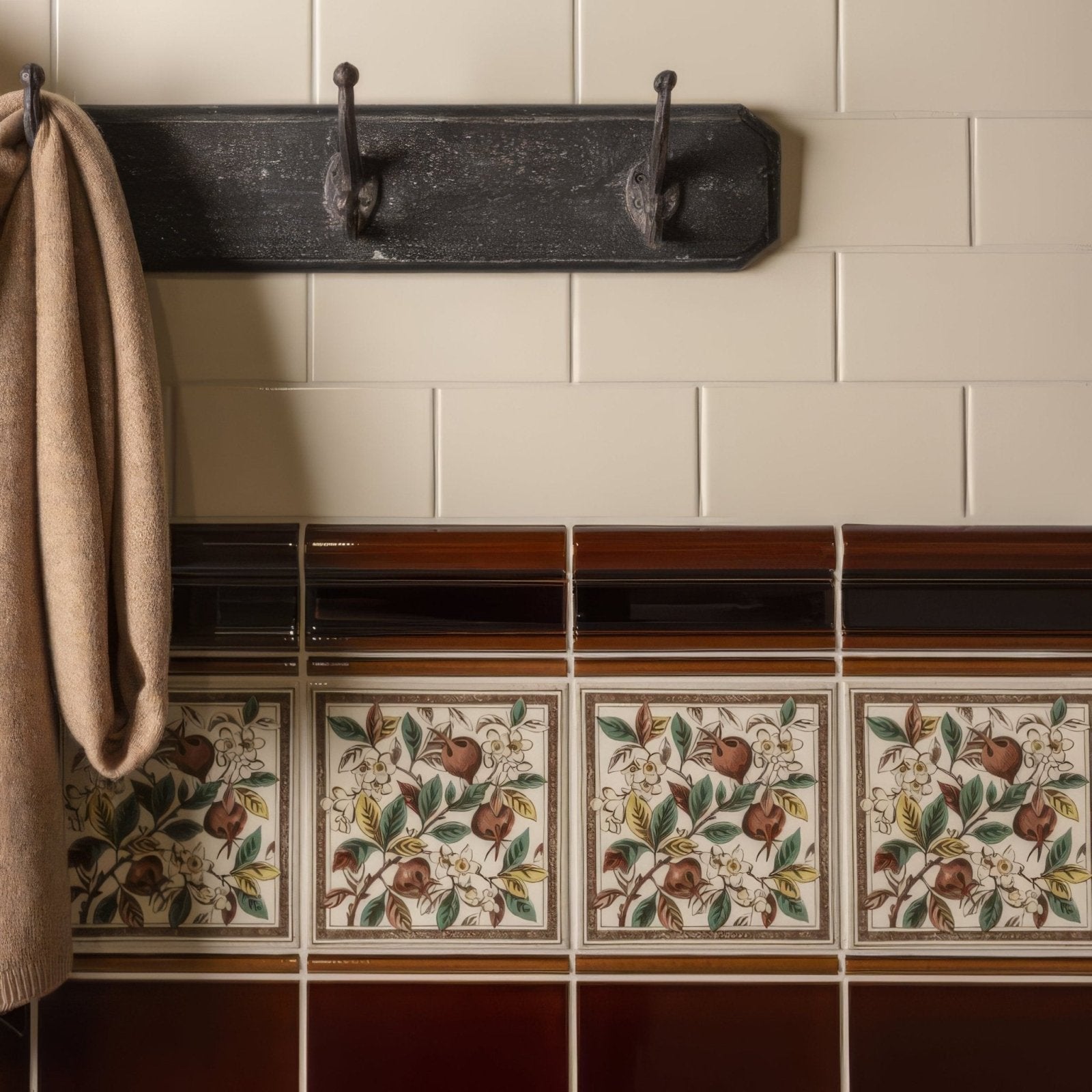 Teapot brown victoria moulding dark wooden coat rack with three ornate hooks mounted above decorative fruit tile border