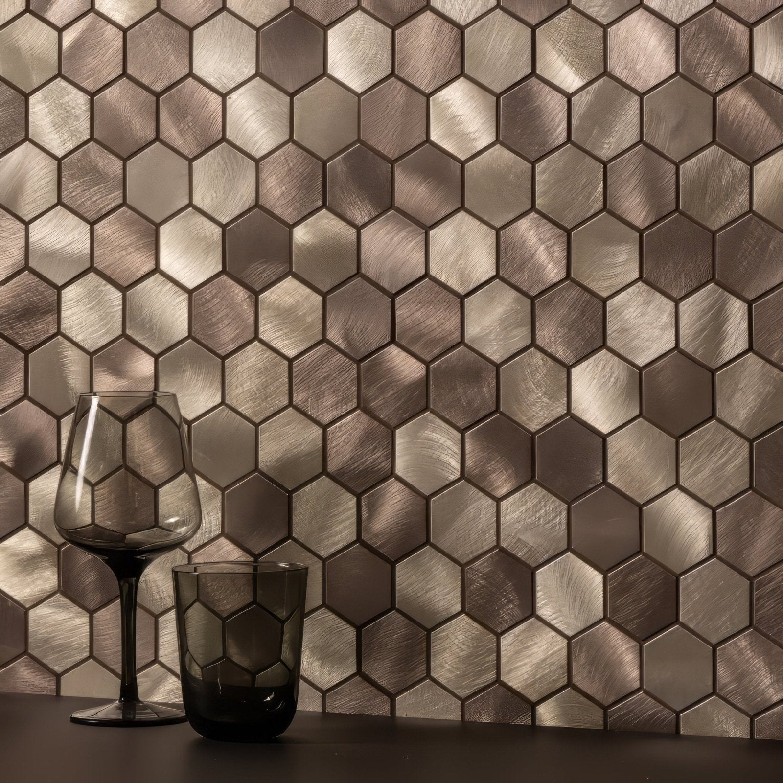 Telesto Beige Mix Hexagon Mosaic bronze and champagne hexagonal mosaic with a wine glass and tumbler