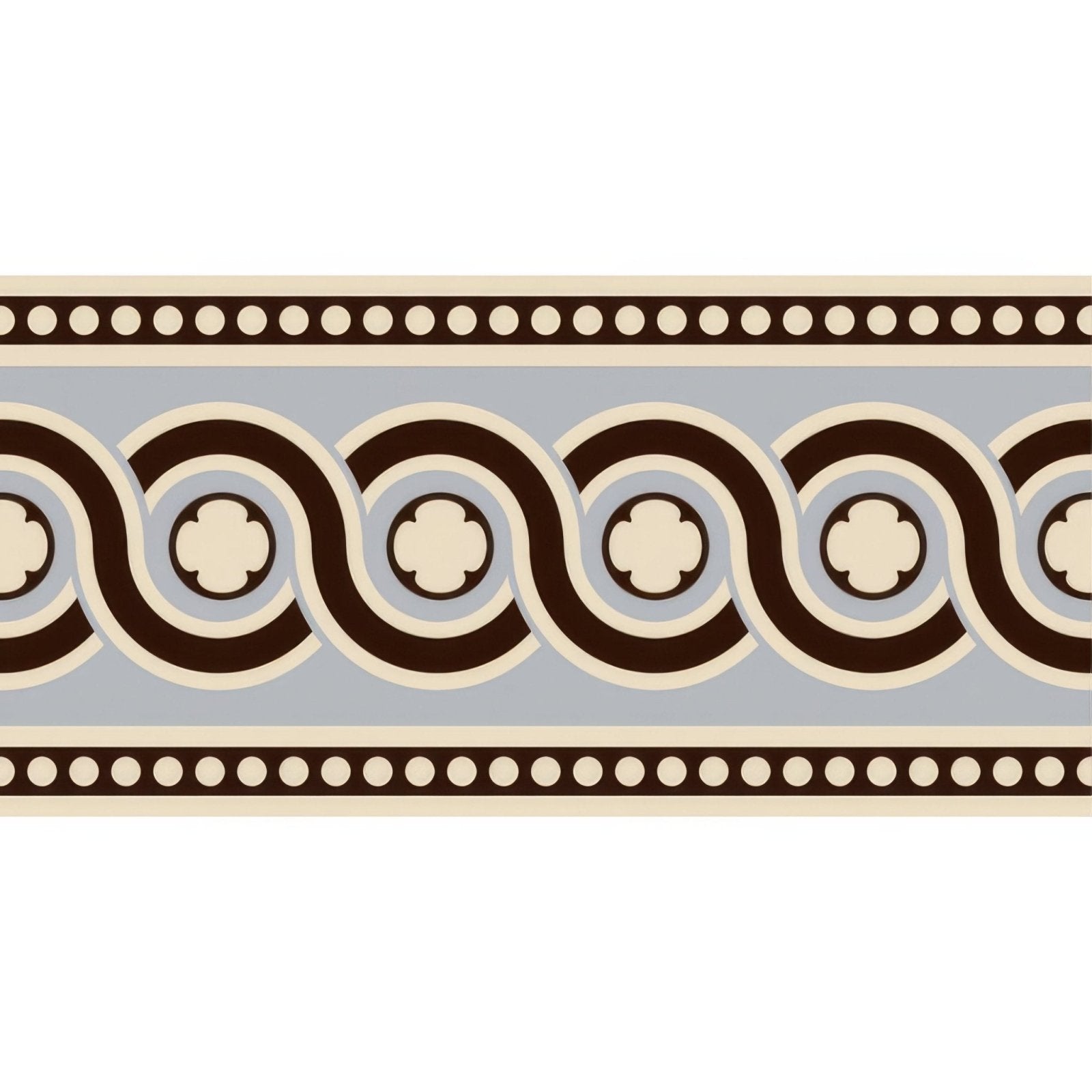 Telford border black on white decorative border with dark brown and cream circular motifs on light gray background