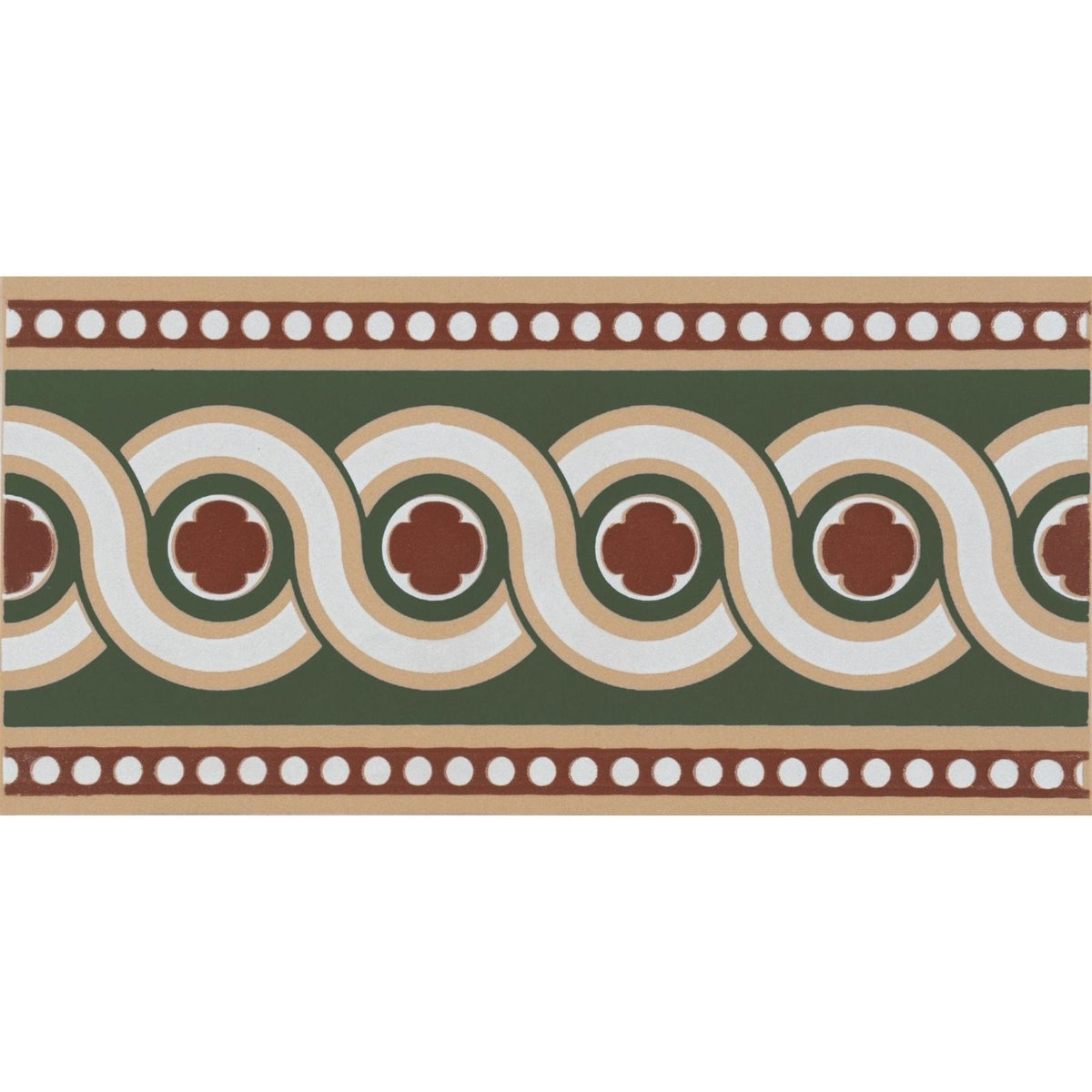 A decorative ceramic tile telford border green with burgundy cream and forest green interlocking circle and clover motifs