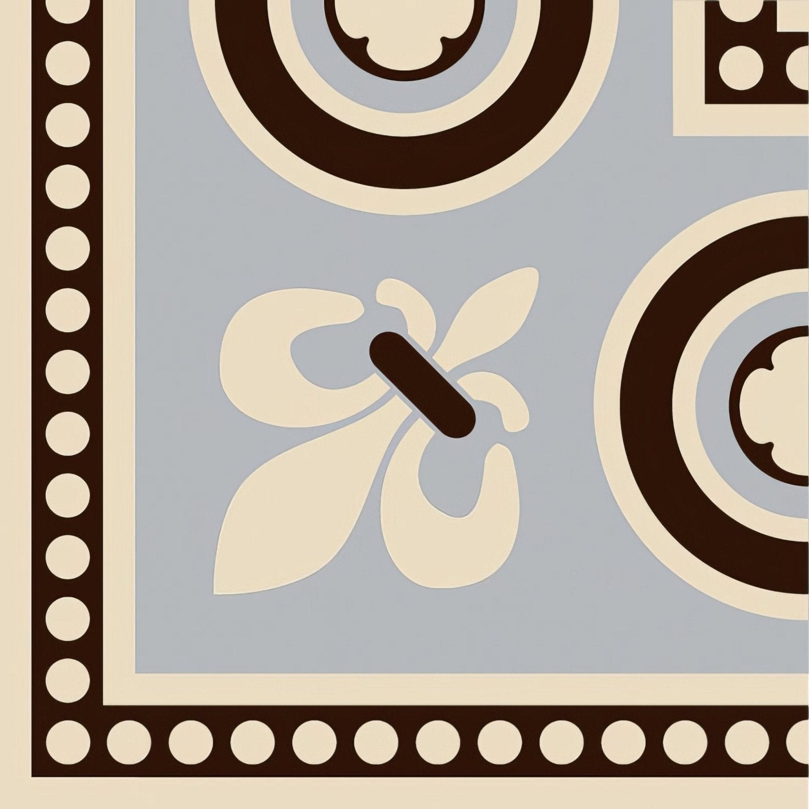 Beige and brown geometric patterned fabric with circular motifs and stylized floral design for telford corner black on white