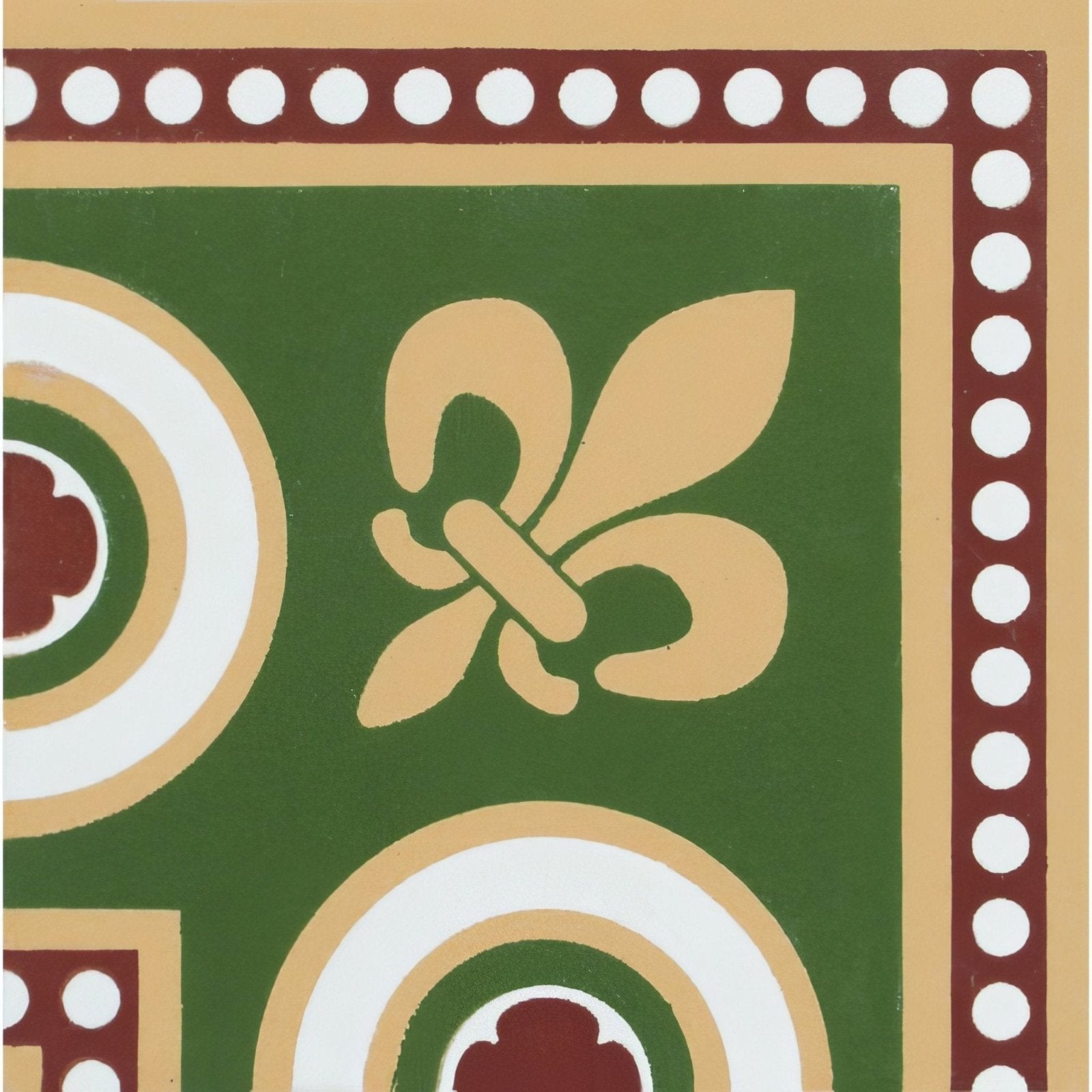 Telford corner green tile featuring green background with beige fleur-de-lis and maroon white dotted borders