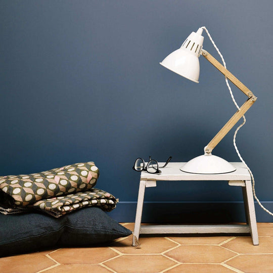 White metal and wood articulated desk lamp tempest with slanted shade for adjustable task lighting