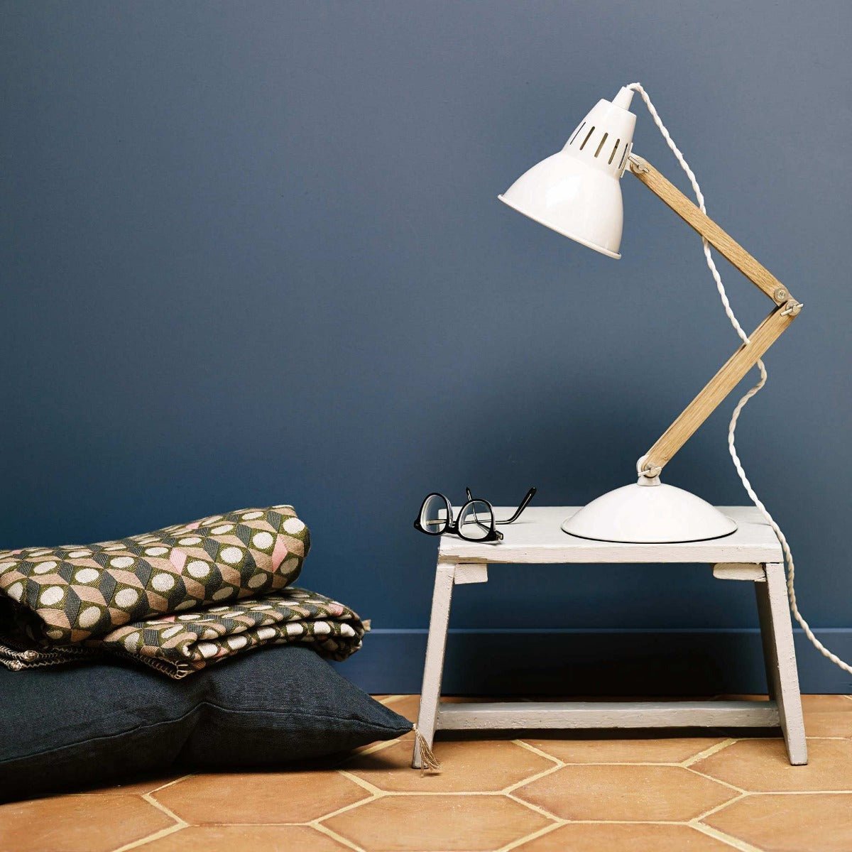 White metal and wood articulated desk lamp tempest with slanted shade for adjustable task lighting